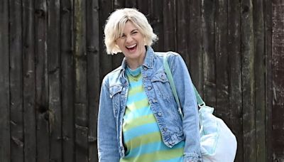 Jodie Whittaker wears a prosthetic baby bump on set in Manchester as the tragic real life story of the Corby poisoning scandal is retold for new Netflix drama Toxic Town