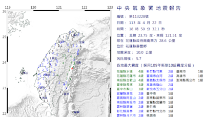 22:11國家警報大響！花蓮規模5.9地震 最大震度4級