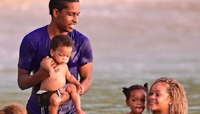 Rihanna and A$AP Rocky swim with children Riot Rose, one, and RZA, two