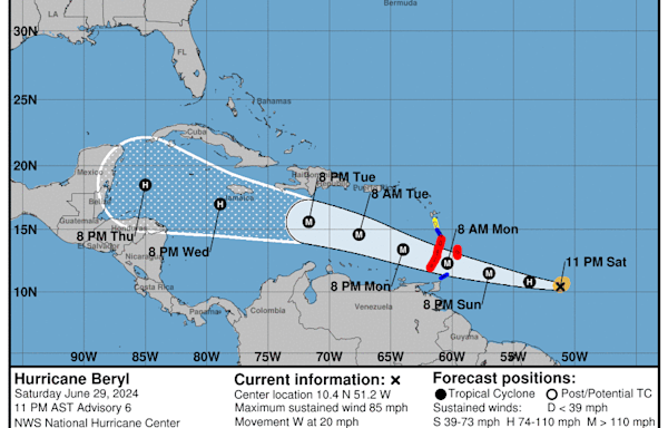 Hurricane Beryl expected to rapidly intensify as it roars toward Caribbean