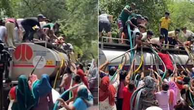 Video: In Parched Delhi Locality, Locals Jostle & Climb Onto Moving Water Tanker Amid Searing Heat