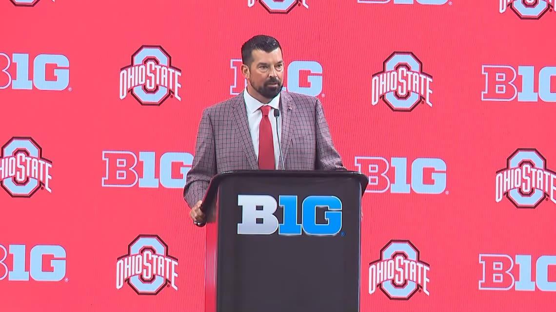 Ohio State head coach Ryan Day speaks at Big Ten Media Days in Indianapolis