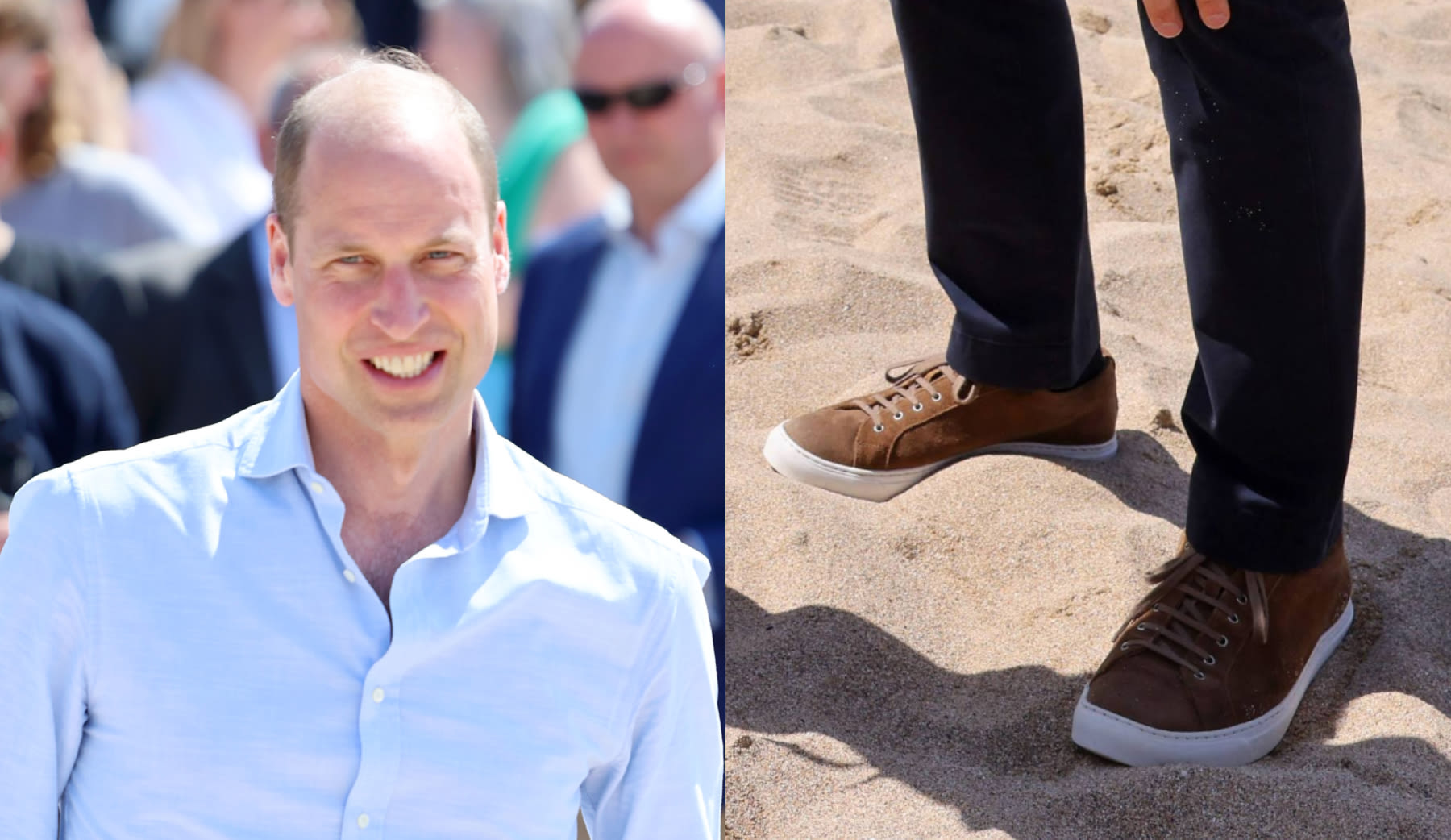 Prince William Gets Sporty With Brown Suede Sneakers To Visit Fistral Beach