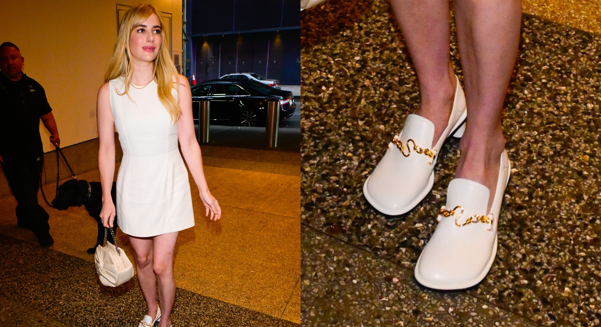 Emma Roberts Embraces All-White Trend in Heeled Loafers and Minidress With Gold Accents in New York City