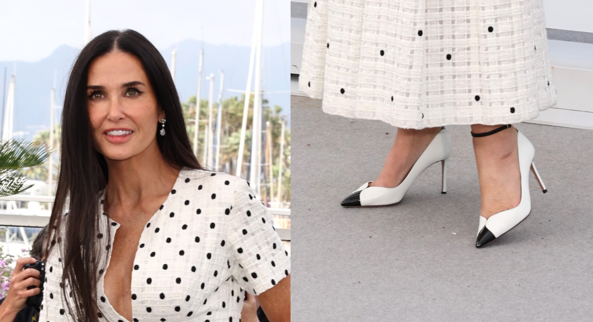 Demi Moore Looks Flawless in Black and White Aquazzura Shoes at Cannes Film Festival 2024