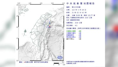 快訊／21:52東部海域規模4.3地震 太魯閣最大震度4級