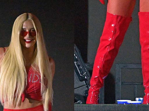 Kesha Takes the Stage in Striking Red Vinyl Thigh-High Boots at Planet Pride 2024 in New York