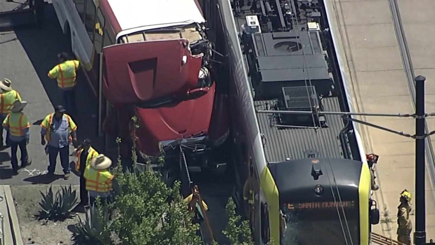 Metro train collides with bus in downtown Los Angeles, injuring more than 50, 2 seriously