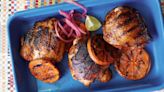 Serve charcoal-cooked pollo asado with salsa, rice, beans and tortillas