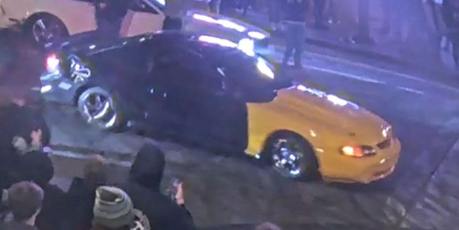 Driver of black, yellow Mustang wanted for hit-run at illegal street takeover event