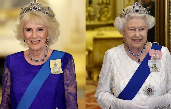 Queen Camilla Wearing Queen Elizabeth II’s Jewelry: Brooches, Sapphire and Diamond Tiara, Coronation Day Necklace and More