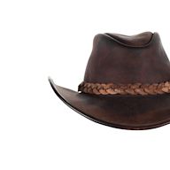 The classic cowboy hat with a wide brim and high crown. Made from felt or straw. Often decorated with a leather band and metal buckle. Popularized by Western movies and rodeos.