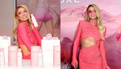 Paris Hilton Is ‘Sliving’ in Crystallized Pink Minidress and Catchphrase Clutch at Tan-Luxe Spray Tan Collaboration Launch Party