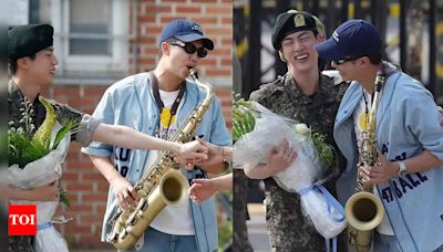 Watch BTS' RM perform the saxophone at Jin's military discharge | K-pop Movie News - Times of India