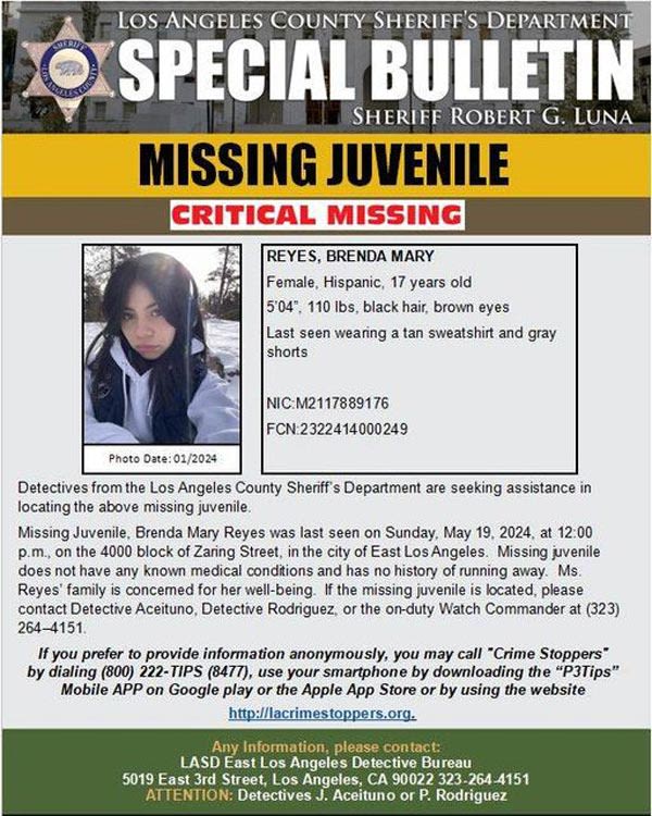 Los Angeles County Sheriff Seeks Public’s Help... Critical Missing 17-Year-Old Brenda Mary Reyes, Last Seen...