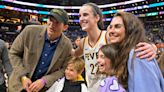 Ashton Kutcher hugs Caitlin Clark at Indiana Fever WNBA game vs. Los Angeles Sparks game