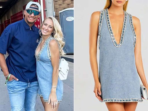 Brittany Mahomes Wears Plunging $998 Denim Dress and White Cowboy Boots for Date Night with Husband Patrick