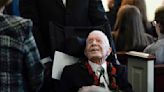 Former President Jimmy Carter greets people as he leaves after the funeral service for his wife, former first lady Rosalynn Carter, at Maranatha Baptist Church on Nov. 29, 2023...