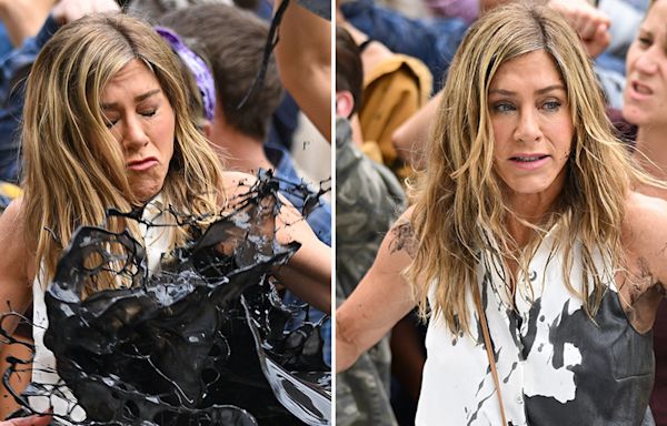Jennifer Aniston Has Fake Oil Thrown On Her While Filming 'Morning Show' Protest Scene