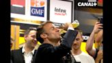 Macron downs bottle of beer in 17 seconds in rugby dressing room