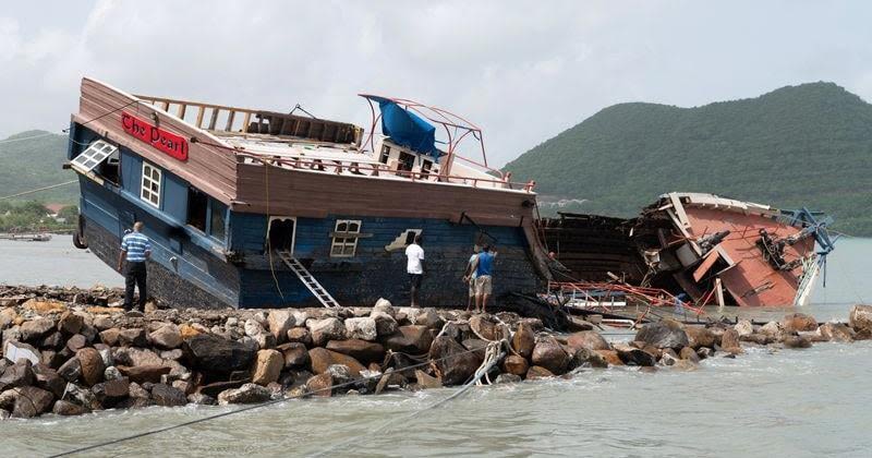 The "pirate" party boat The Pearl is stuck on rocks after Hurricane Beryl passed in Gros Islet