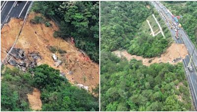 梅龍高速路陷｜新華社發高清航拍圖 大段路面向山坡下垮塌成巨坑