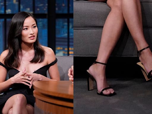 Anna Sawai Talks ‘Shōgun’ Emmy Nomination in Geometric Black Sandal Heels on ‘Late Night With Seth Meyers’