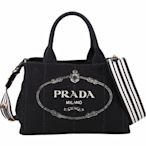 PRADA 普拉達 Canvas 條紋背帶 徽標印花單寧帆布手提/斜背托特包(黑色)