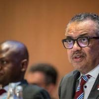 WHO Director-General Tedros Adhanom Ghebreyesus, right, addressed the opening of the World Health Assembly