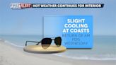 Slight cooling at the coasts Wednesday, warm for the interior.