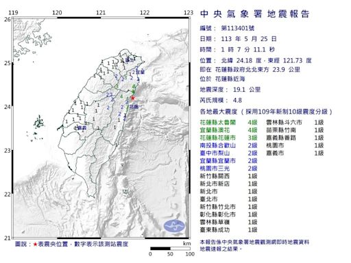 花蓮01：07規模4.8地震 最大震度4級
