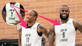 Nike-sponsored LeBron James and DeMar DeRozan taped over the Adidas logo on their Drew League jerseys