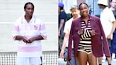 Venus Williams Poses in Front of a Tennis Court in Pink and Maroon Colored Outfits by Lacoste