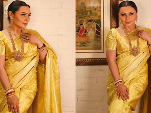 Rani Mukerji’s yellow Kanjeevaram saree paired with temple jewelry will instantly get you into the festive spirit