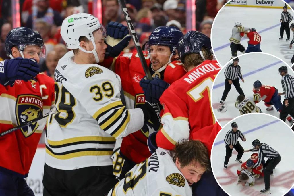 Bruins-Panthers Game 2 ends in violence as David Pastrnak, Matthew Tkachuk fight during huge brawl: ‘Not afraid of him’