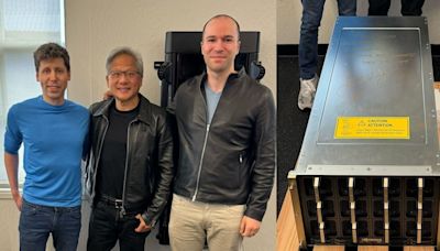 NVIDIA CEO Jensen Huang hand delivers the first DGX H200 AI GPU to Open AI's Sam Altman