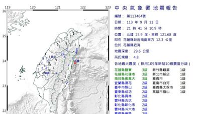 21:41規模4.8「極淺層地震」！15縣市有感 最大震度3級