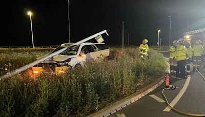 Carnage as car upside down and another part crushed as four are hurt in two crashes in same town