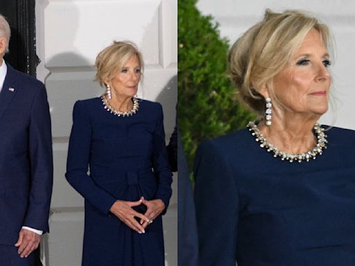 Jill Biden Brings Bling and Blue Together in Jenny Packham Knotted Midi Dress for NATO Summit 2024 Dinner at White House