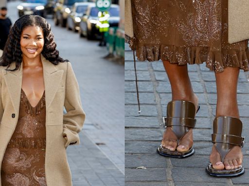 Gabrielle Union Ties Together Earthy Fall Outfit With Bay Sandals at Burberry’s Spring/Summer 2025 Show at London Fashion Week