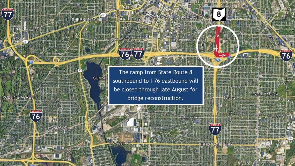 New traffic impact in Akron: ODOT closes ramp from Route 8 South to I-76 East at Central Interchange through late August