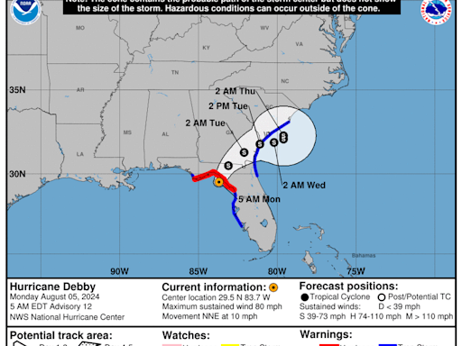 Category 1 Hurricane Debby updates from the National Hurricane Center for Monday, Aug 05