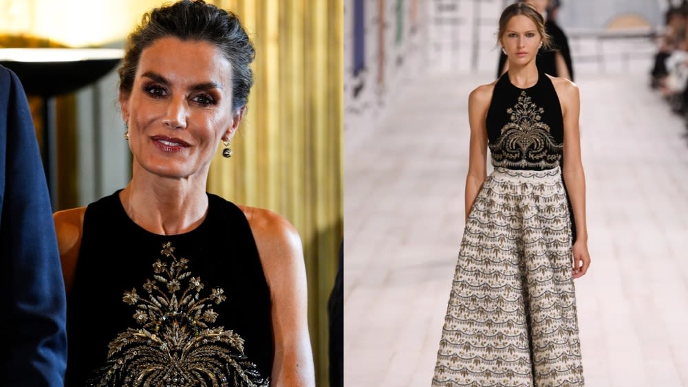 Queen Letizia Favors Intricate Embroidery in Christian Dior Couture Dress at Spanish Embassy Reception in Paris Ahead of Olympics