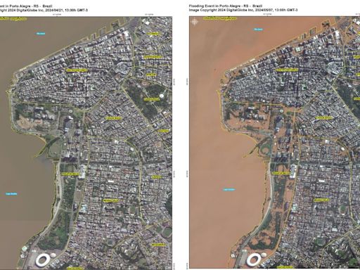 Imagens de satélite comparam Porto Alegre antes das inundações com estado de calamidade atual