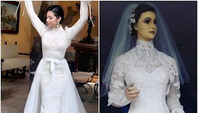 Comparan vestido de novia de Ángela Aguilar con el de "La Pascualita", famoso maniquí