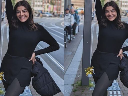 Kajal Aggarwal is a stylish birthday girl in an all-black outfit ft turtleneck top and mini skirt complemented by stockings