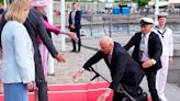 King Harald of Norway falls over on red carpet as he meets Queen of Denmark
