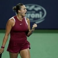 Third-ranked Aryna Sabalenka of Belarus reacts after winning a point in a quarter-final victory over compatriot Victoria Azarenka at the WTA Washington Open