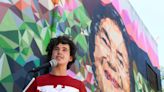Geometric Dolores Huerta mural blossoms at Ventura High