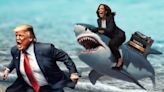 'They need to add at least another 200 pounds to Trump': This video of a shark-riding Kamala chasing Donald down the beach is serving 'Sharknado 17